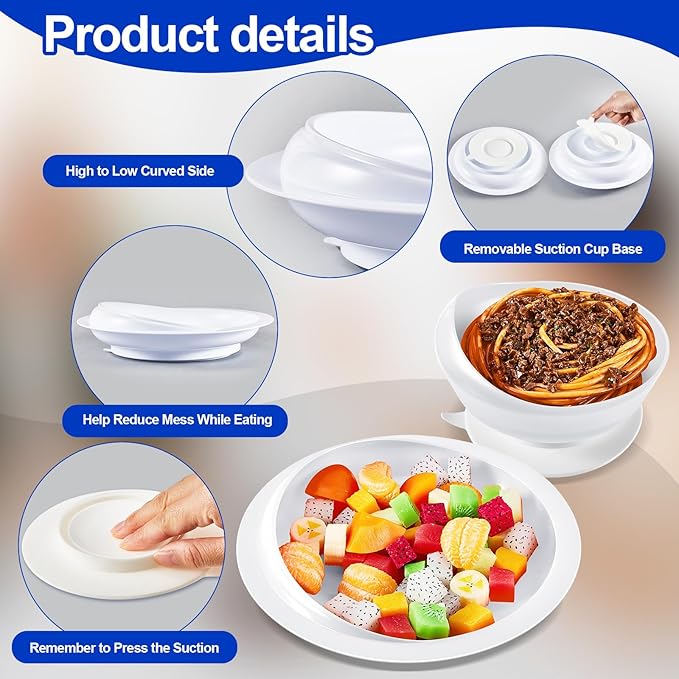 Hushee 2 Sets Adaptive Spill Proof Scoop Bowl and Plate Set with Suction Base Non Skid Self Feed Suction Dinnerware for Elderly Disabled Handicapped from Parkinsons Tremor (White)