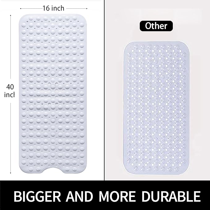 Large Non Slip Bathtub Mat, Extra Long Bath Mat for Tub, 40 x 16 Inch, Machine Washable Shower Mats with Suction Cups and Drain Holes, Bath Tub Mats for Bathroom Non Slip, White