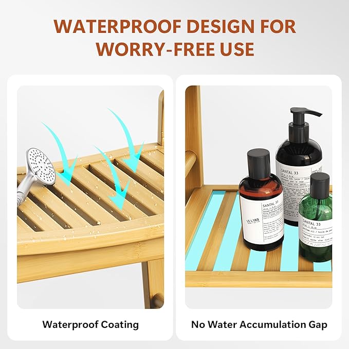 Bamboo Shower Benches for Inside Shower to Sit on, 2-Tier Shower Stool Waterproof with Arm, Heavy Duty Bathroom Bench with Storage Shelf and Shower Header Holder for Seniors, Disabled, Women, Natural