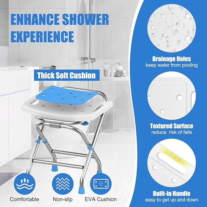 Height Adjustable Folding Shower Chair Seat, Stainless Steel Shower Chair for Inside Shower w/Crossbar, 420LB Portable Travel Shower Stool, Safety Anti-Slip Bath Chair for Seniors,White