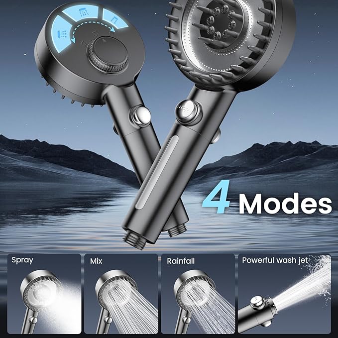 PWERAN Filtered Shower Head with Handheld, High Pressure 4 Spray Mode Showerhead with Filters, Water Softener Filter Beads for Hard Water with ON/OFF Switch for Pets - Remove Chlorine (Gray)