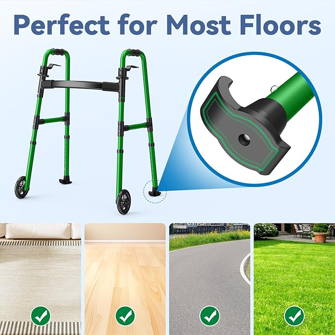 Loyoda Folding Walker with 2 Skis and 5" Wheels, Lightweight Walkers for Seniors and Adults, Supports Up to 350 Pounds, Adjustable Height, Compact Standard Walker, Green