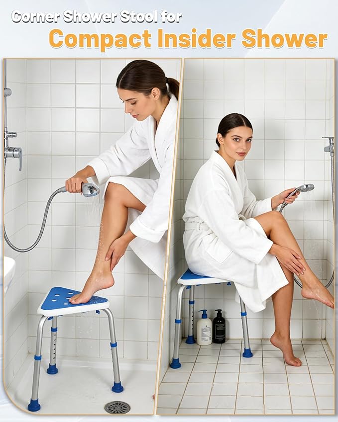 LEAGENTT HSA/FSA Triangular Shower Chair for Inside Shower, Space-Saving Corner Shower Stool for Compact Showers, Small Shower Stool for Shaving Legs, Adjust Shower Seat for Pregnant/Elderly/Disabled