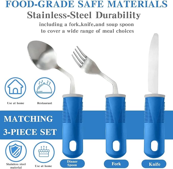 Adaptive Utensils (3-Piece) - Bendable Adaptive Utensils Weighted Stainless Steel Set, Non-Slip Handles for Hand Tremors, Arthritis, Disabled People,Parkinson’s or Elderly,Knives, Fork, Spoons