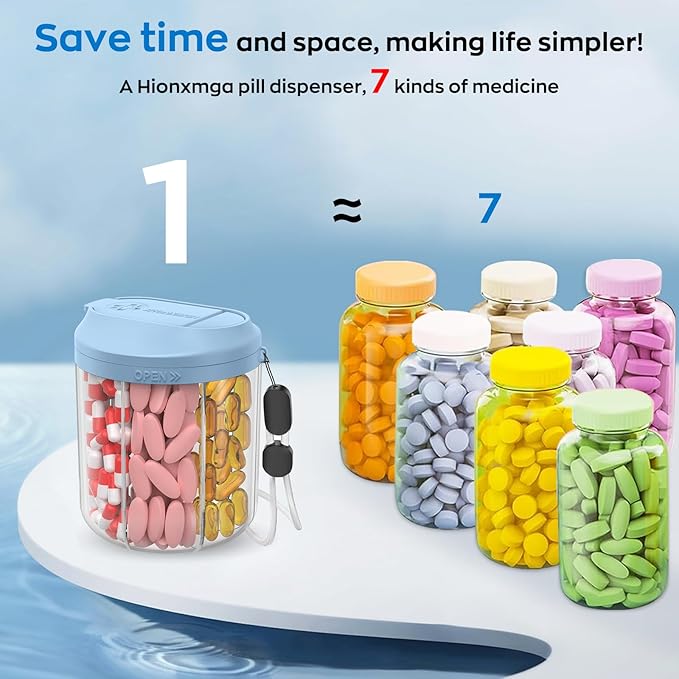 Hionxmga Pill Dispenser with 7 Large Compartments, Pill Organizer for Travel, Supplement Organizer with Anti-Mixing Design, BPA-Free Pill Container with 20 Pcs Labels, Blue+Pink