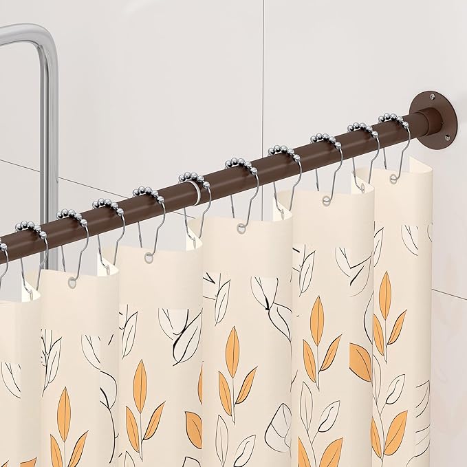 L Shaped Corner Shower Curtain Rod, 24"-37" x 24"-37" Adjustable 90 Degree Curved Bathroom Rod Square Rail No Sag with 12 Hooks & Ceiling Support - Coffee