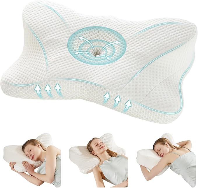 DUMOS Cervical Neck Pillow, Cooling Ergonomic Memory Foam Pillows for Neck Pain Relief with Breathable Pillowcase, Dual Height Orthopedic Support Contour Pillow for Side, Stomach Sleepers, White