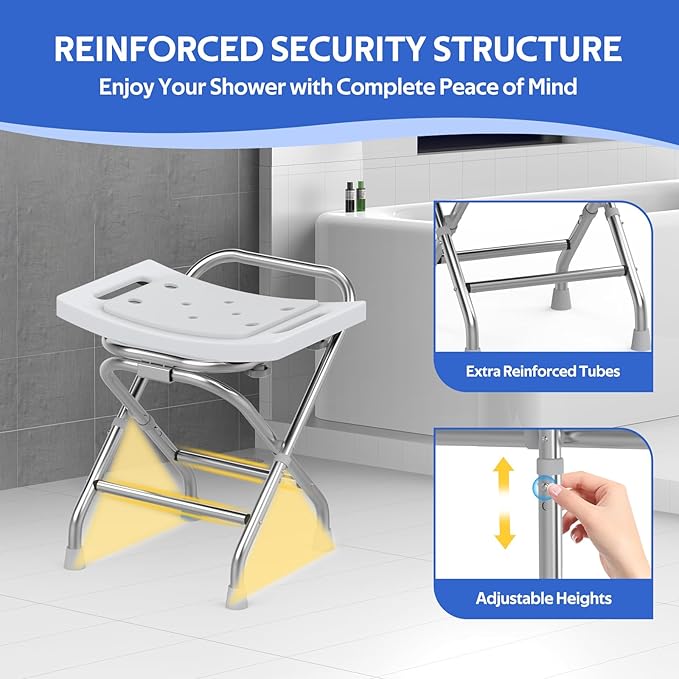 Folding Shower Seat - Stainless Steel Shower Chair for Inside Shower - 420lbs Height Adjustable Foldable Shower Stool - Portable Travel Collapsible Bath Bench for Elderly, Handicap & Disabled