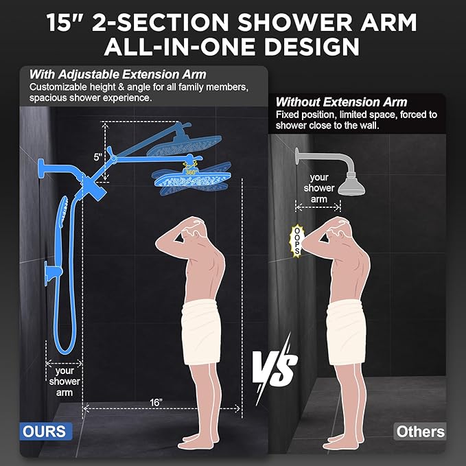Veken 11.8" Rain Shower Head with Handheld, High Pressure Handheld Shower with Multi Spray Modes, Rainfall Combo with Metal Extension Arm, Detachable Dual Showerhead, Bathroom Decor, Gold