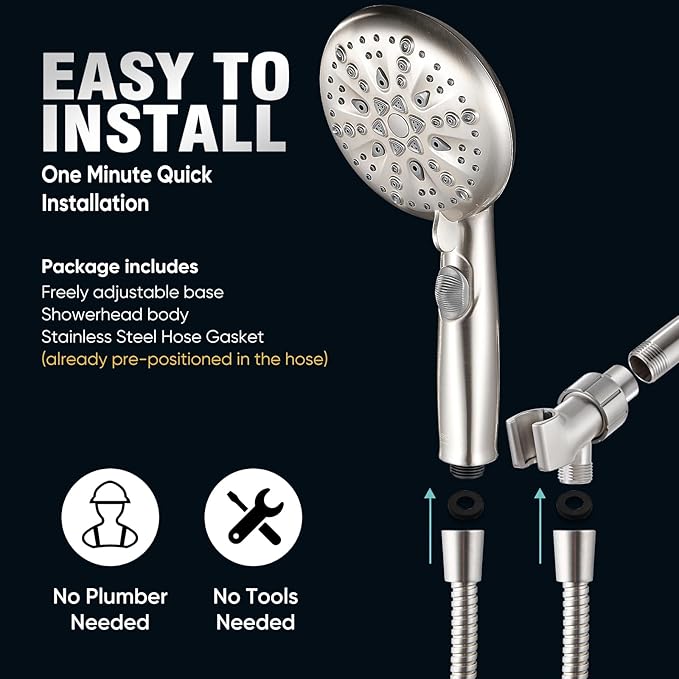 Cobbe 9-Function Shower Head with Built-in Power Spray, 1.8 GPM Water Saving ON/OFF Toggle Switch, High Pressure Handheld Showerhead with 1-Click Pause Button, Brass Bracket & 6ft Hose, Brushed Nickel