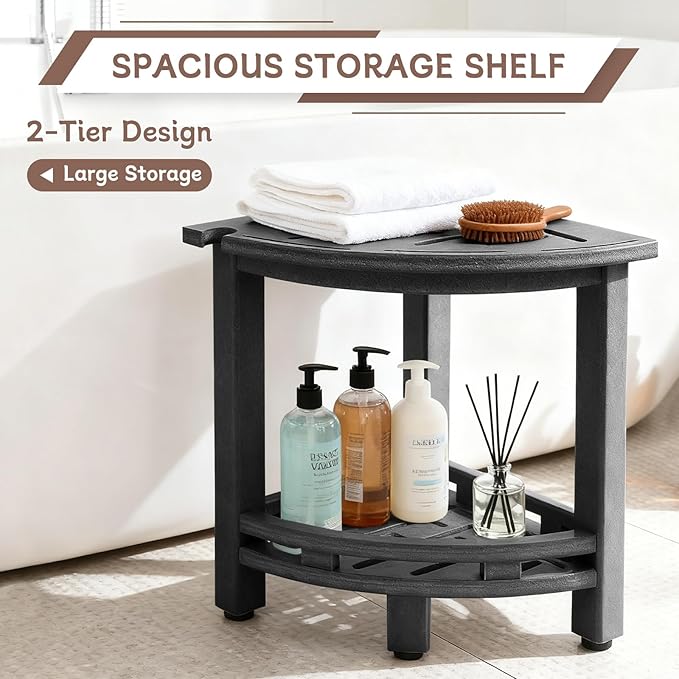KALUMOON Corner Shower Stool, HDPE Waterproof Shower Bench for Inside Shower, Small Shower Chair Seat for Shaving Legs with Storage Shelf, Shower Head Holder, Adjustable Feet (Black)
