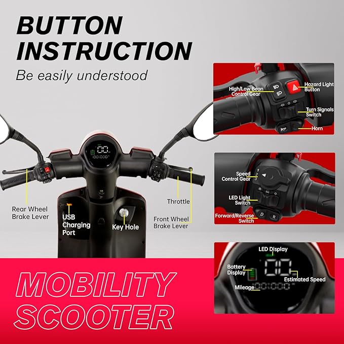Heavy Duty 4 Wheel Mobility Scooters for Seniors & Adults 500lbs Capacity - Electric Powered Chair - 1000W All Terrain Fast Mobility Scooter for Travel w/Long Range Battery Remote Key