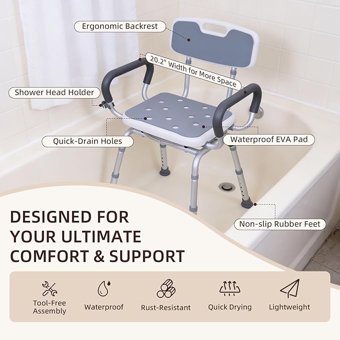 Swivel Shower Chair with Arms & Back, 400lbs Heavy Duty Shower Chair for Elderly and Disabled, Height Adjustable Shower Stool for Inside Shower, Non-Slip Rotating Shower Bench Seat for Tub Transfer