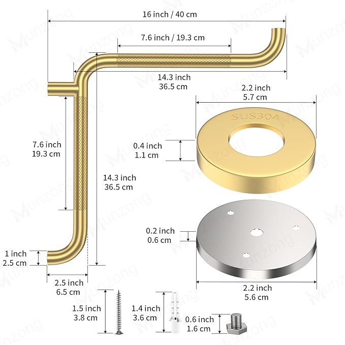Shower Grab Bar, 16 Inch Angled Munzong Anti Slip Gold Bathroom Grab Bar, L-Shaped Knurled Balance Bar, Safety Hand Rail Support Injury Senior Assist Bath Handle Handicap Elderly
