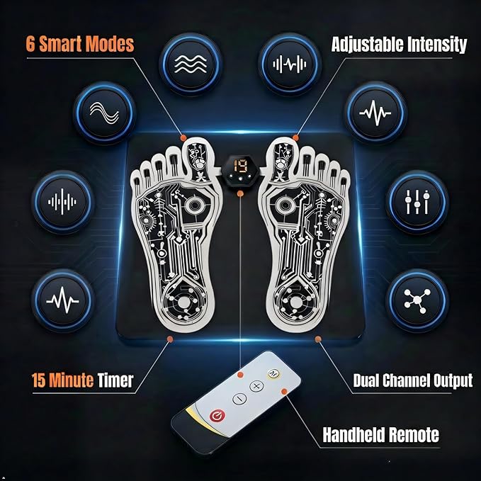 EMS Foot Muscle Stimulator & TENS Machine for Pain Relief - Helps Neuropathy, Plantar Fasciitis & Circulation - Portable Folding Mat with Remote for Elderly, Office Workers & Home Use