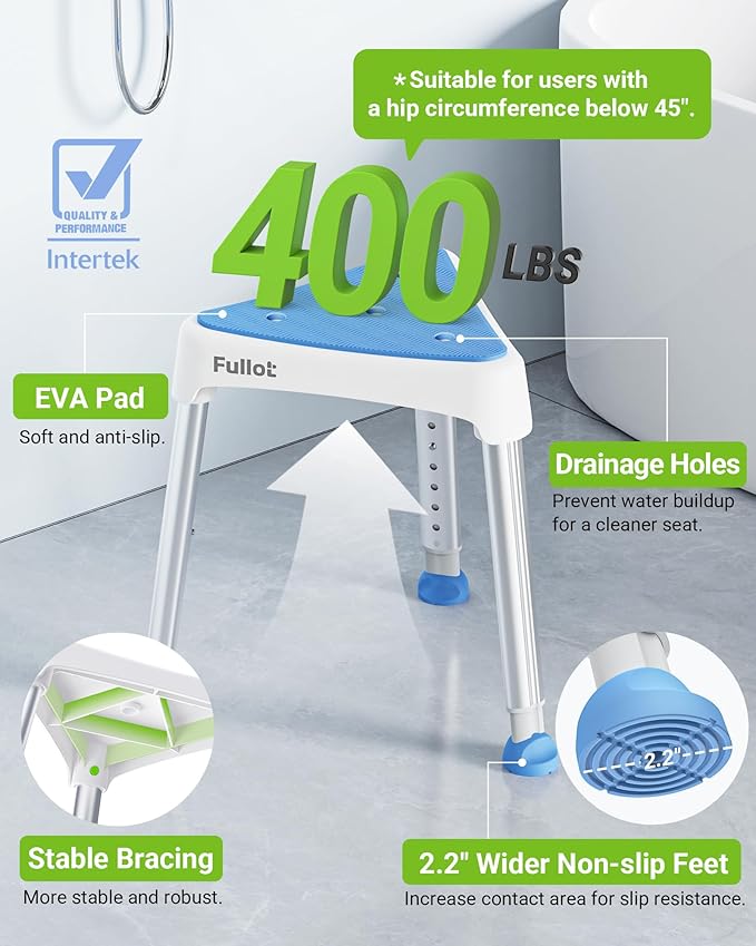 FULLOT Space-Saving Triangular Shower Chair for Elderly and Disabled, 400 lbs Adjustable Shower Stool Seat with Stable-Bracing, Non-Slip Bathtub Chair, Tool-Free Assembly, Blue With Eva Pad