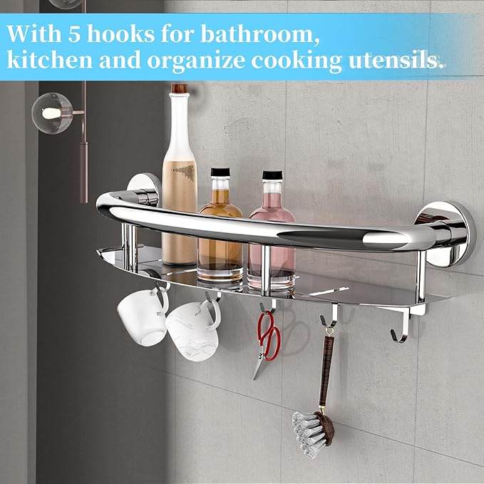 Munzong 18 Inch Shower Grab Bar with Storage Shelf, Chrome Stainless Steel 2 in 1 Bathroom Grab Bar and Hand Rail Support for Elderly and Handicap