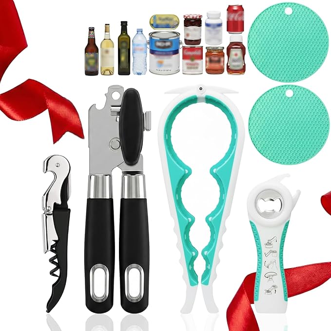 Openers Bundle - 6-Piece Openers Set for Weak Hands - Heavy Duty Stainless Steel Manual Can Opener, 5-in-1 Bottle Opener, Corkscrew & Silicone Grippers - Kitchen Gadgets for Seniors & Arthritis