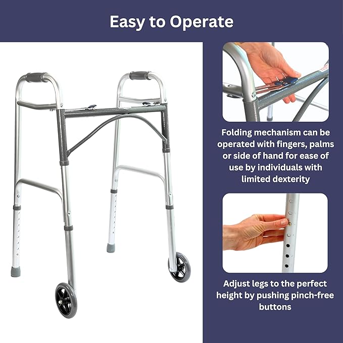 Foldable Lightweight Walker with 2 Wheels, Includes Ski Glides - Folding Design Ideal for Seniors and Elderly Adults - Adjustable for Tall Men and Women - Standing Handicap Mobility Aids