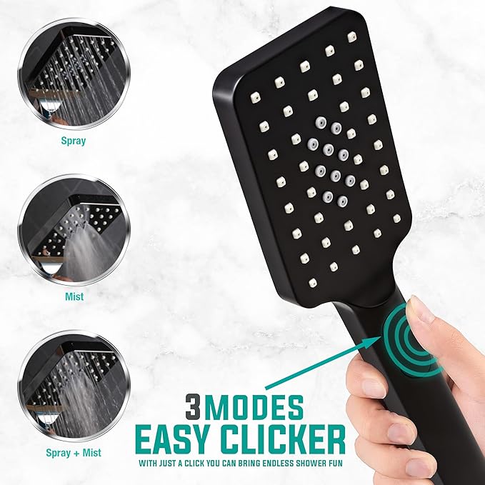 Metpure Handheld Shower Head with Easy Clicker for Multiple Sprays. Low Profile Lightweight Rectangular Shower Head. Stainless Steel Hose & Adjustable Mount Holder. Matte Black Finish