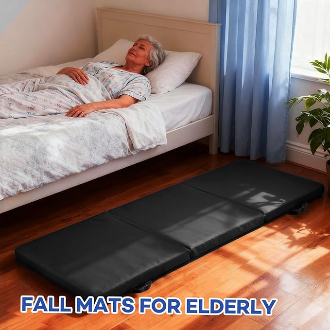 JZHLLA Foldable Fall Protection Mat for Elderly Blue Waterproof Non Slip Floor Mats with High-Resilience Foam 72 * 24 * 2 Inch Bedside Floor Mats for Elderly, Handicap, Senior(Black)