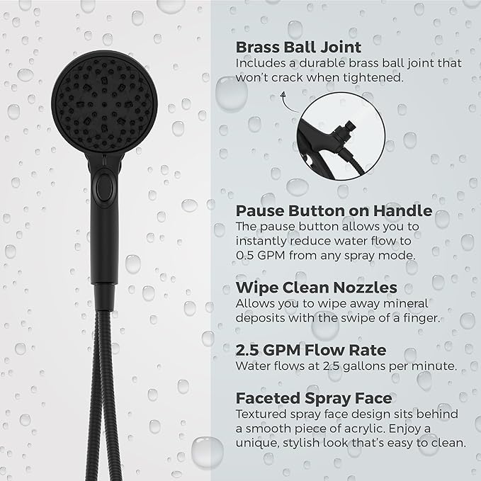 Pfister HydroFuse Handheld Shower Head, Hose Included, Magnetic Docking, 6-Function, 2.5 GPM, Spot Defense Matte Black Finish, 016HFM01SDB