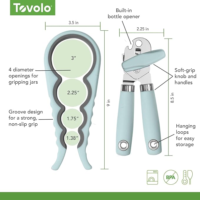 Tovolo Can and Jar Opener Set Manual Handheld Kitchen Tool with Comfort Grip Handles, Easy to Use Stainless Steel Jar and Smooth Edge Can Opener with Built In Bottle Cap Lifter, Blue Haze