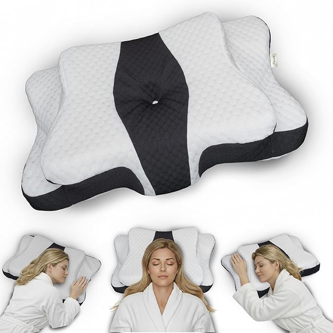 Ergonomic Cervical Neck Pillow for Sleeping – Memory Foam Cervical Pillow for Side Sleepers and Back Sleepers – Contour Neck Support (Black/White)