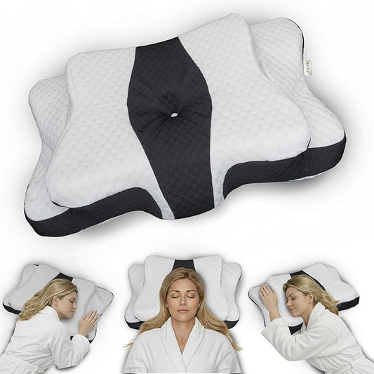 Ergonomic Cervical Neck Pillow for Sleeping – Memory Foam Cervical Pillow for Side Sleepers and Back Sleepers – Contour Neck Support (Black/White)