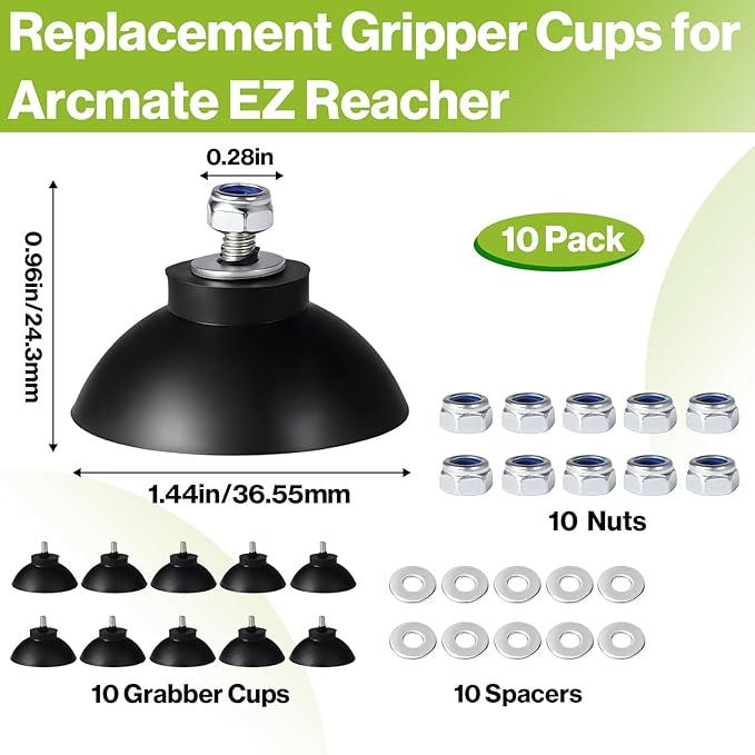 10-Pack Non-Slip Replacement Gripper Cups - Compatible with Arcmate EZ Reacher, Heavy Duty Rubber Tips with Locknuts & Washers for Outdoor