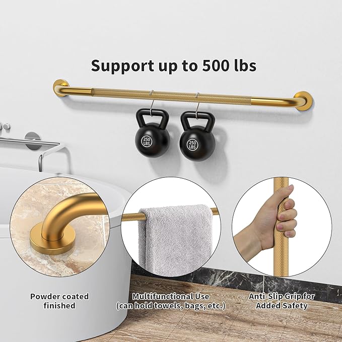 40 Inch Anti Slip Shower Grab Bar, 2 Pack Munzong Long Bathroom Grab Bar for Showers, Gold Knurled Handicap Balance Bar,Safety Hand Rail Support Elderly Senior Assist Bath Handle
