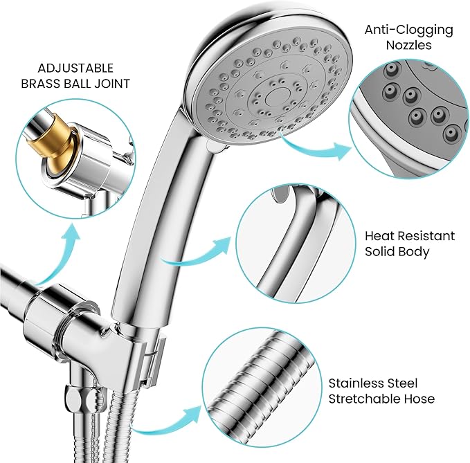 High Pressure Handheld Shower Head,5 Functions Powerful Water Spray Showerheads against Low Pressure Water Flow with Stainless Hose and Adjustable Mount, Chrome