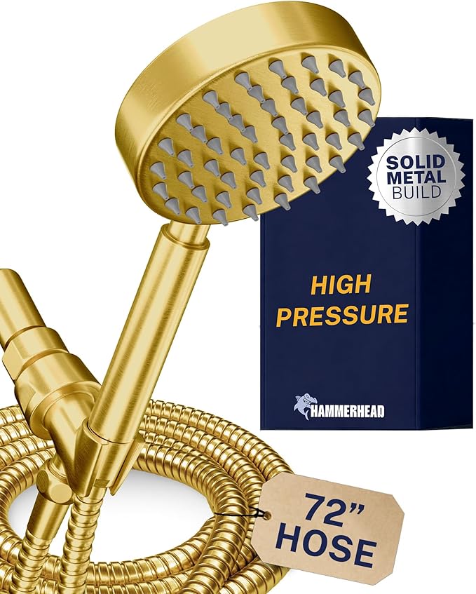 HammerHead Showers® Solid Metal Handheld Shower Head with Hose and Brass Holder - BRUSHED GOLD - 2.5 GPM High Pressure Shower Heads with Adjustable Shower Wand Bracket - 6ft Flexible Extension