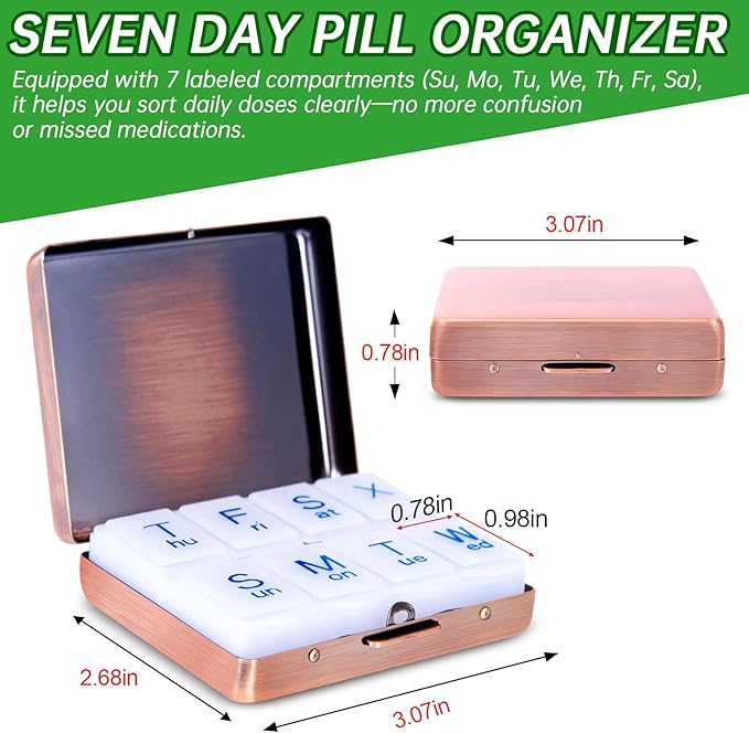 Portable Metal Travel Pill Organizer (7 Days a Week), Large Capacity 8 Compartments, BPA-Free (M-Antique Red, Medium)