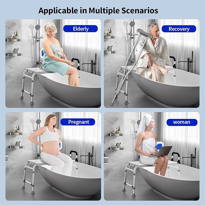 Heavy Duty Width Adjustable Bath Tub Transfer Shower Bench for Inside Tub Extended Shower Chair with Adjustable Height and Reversible Backrest Handicap Shower Chair Seat for Elderly and Disabled