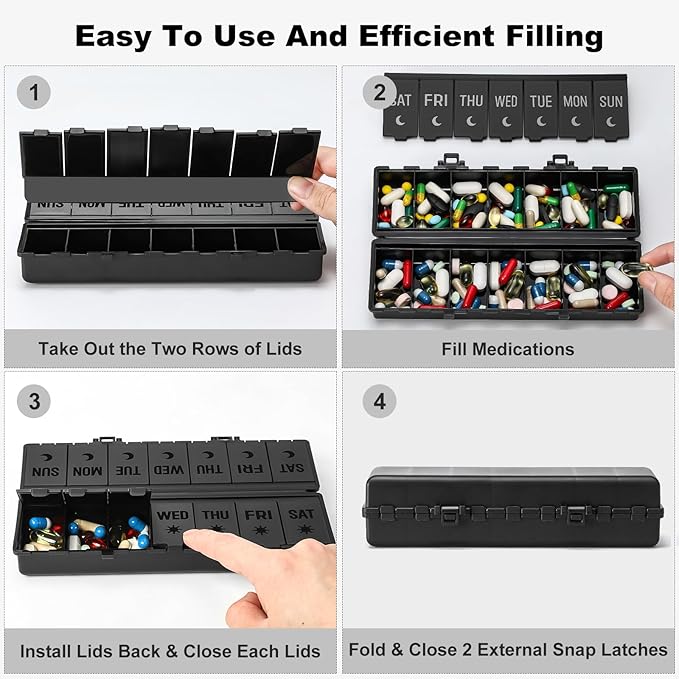 Foldable Pill Organizer 2 Times a Day w/Etched Labels -Dual Protection & Portable Weekly AM PM Pill Box, 7 Day Medicine Container, Large Travel Pill Case for Week Daily Supplement Vitamin - All Black