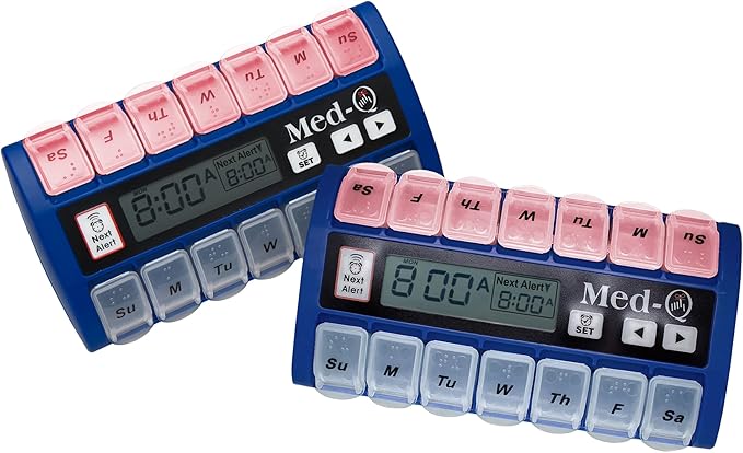 Med-Q Weekly Pill Organizer with Alarms | Automatic Electronic Pill Box with AM/PM Compartments, Flashing Light, Sound Alerts | Dual Color Combo 2 User | Medication Reminder for Seniors - Blue/White