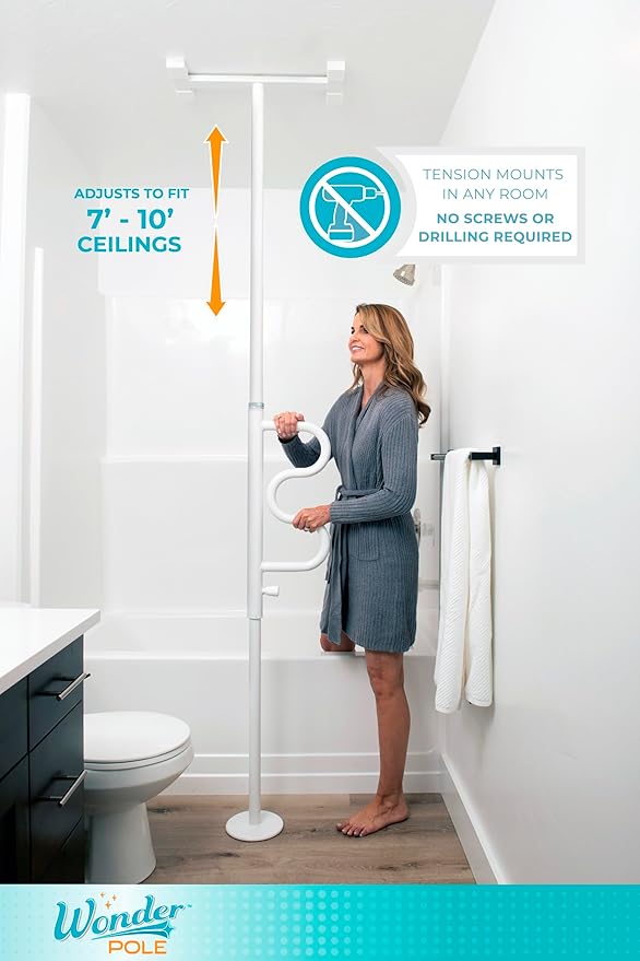 Stander Wonder Pole, Security-Pole and Curve Grab Bar, Tension Mounted Floor to Ceiling Transfer-Pole for Seniors, Elderly Adults, Bathroom Safety Assist and Stability Rail, Graphite