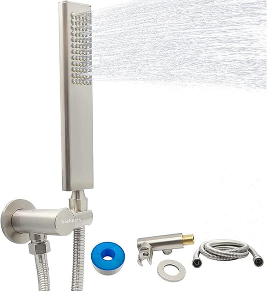 Solid Brass Handheld Shower Head Arc Design High Pressure Brushed Nickel Hand Shower Wand with Adjustable Supply Elbow Wall Connector Shower Holder and 59″ Stainless Steel Hose Set