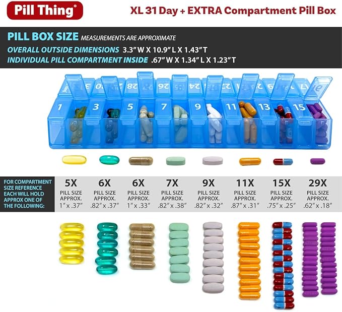 XL Monthly Pill Organizer, Once-a-Day 31-Day Medication Storage Box w/Removable Lid, Extra Compartment for Additional Pills, BPA-Free (XL Blue – 1 Count)