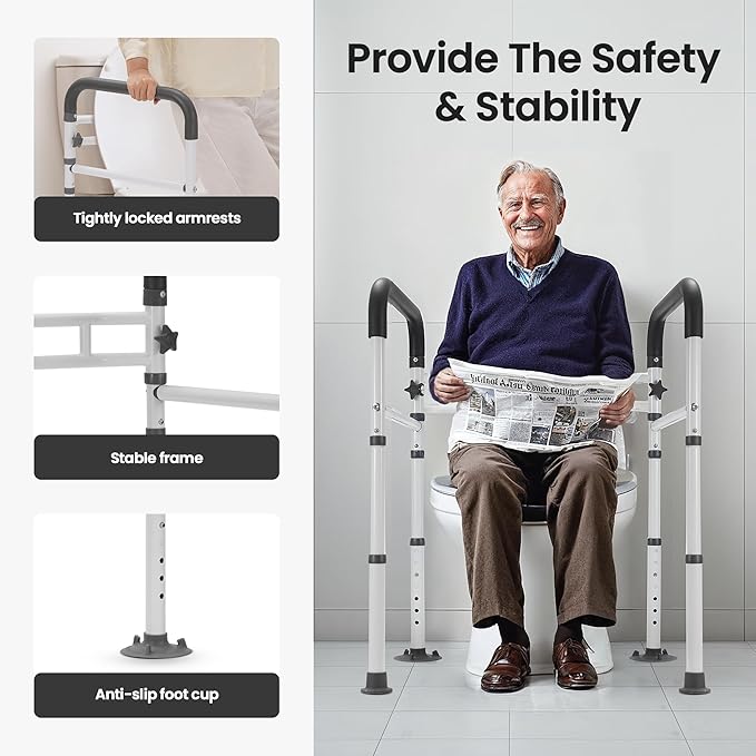 Careboda Toilet Safety Rails, Toilet Frame for Seniors, Elderly & Disabled, Toilet Rails Adjustable, Foldable Toilet Handles, Non-Slip Foot Mats, Easy to Store, Fit Any Toilets, 300lbs Capacity