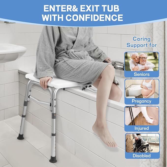 Tub Transfer Bench for Bathtub, Height Adjustable Shower Bench with Backrest, Shower Chair Bath Seat for Elderly, Seniors, Arm Support for Transfer