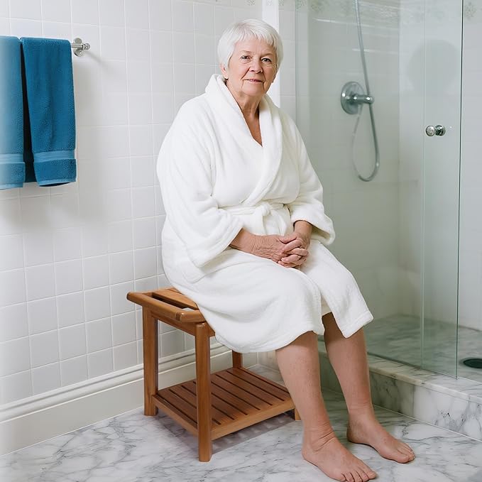17" Teak Shower Chair with Storage Shelf & Handle, Non-Slip Waterproof Wooden Shower Bench, Stable Bathroom Seat and Heavy Duty Shower Stool for Tub or Indoor Use, Ideal for Elderly, Recovery