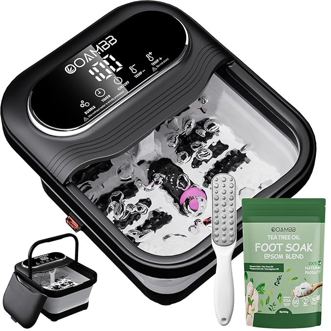 OOAMBB Collapsible Foot Spa with Heat, Bubble and Temp Control, Foot Bath Massager with XL Touch Screen and Massage Rollers, Foot Soaking Tub, Pedicure Foot spa for Stress Relief (Black +Green)