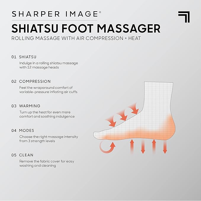 Sharper Image Electric Shiatsu Foot Massager with Heat & Air Compression, Deep Kneading Rollers & Washable Cover, Targets Heels, Balls & Arches up to Mens Size 12, Gift for Women & Men