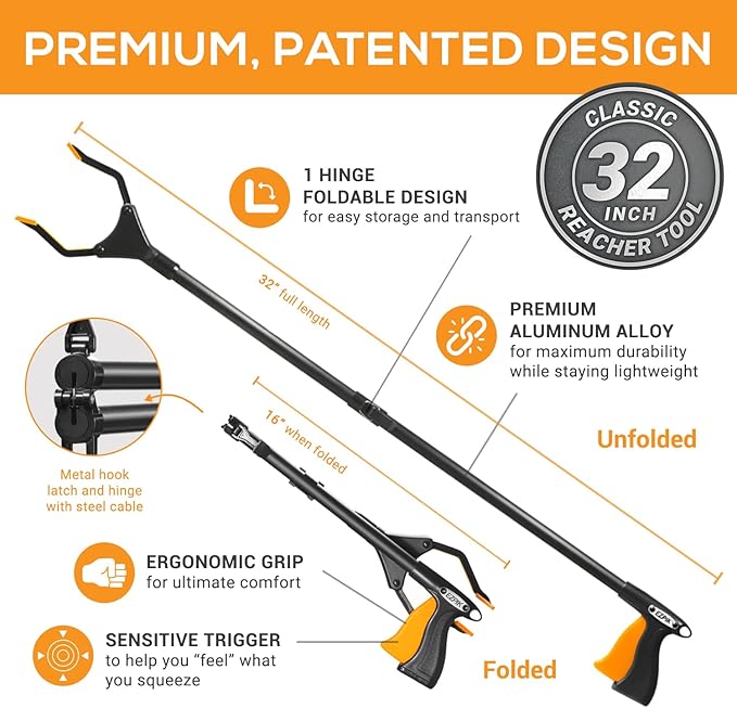 EZPIK Classic 32” Folding Grabber Reacher Tool with Dual Magnets, Heavy Duty Trash Picker Upper Grabber for Seniors & Disabled Users, Aluminum Pickup Tool for Everyday Reaching Aids (Black)