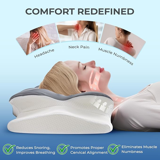 BDEUS Cervical Pillow for Side Sleepers, Neck Pillow for Sleeping, Memory Foam Ergonomic Pillow for Neck Pain Relief, Butterfly Contour with Arm Grooves, Dual Height Cooling Washable Cover, Grey