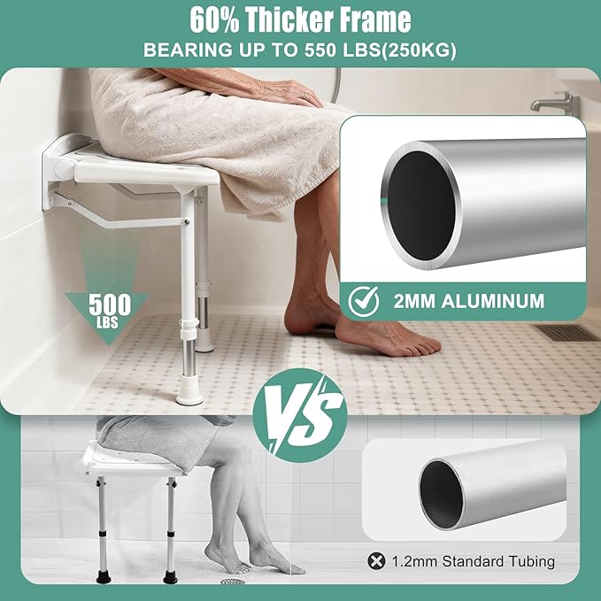 Wall Mounted Shower Seat with Arms, 2mm Thick Aluminum Frame Supports 550lbs, Folding Shower Chair with Memory Foam Cushion, 8 Adjustable Heights, Fold Down Bathroom Bench for Seniors & Disabled