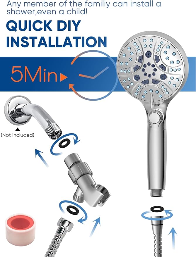 Pavezo® High Pressure Handheld Shower Head with Filter, ON/OFF Switch Pause Button, 10-mode Shower Head with Hard Water Softener Filters, SS Hose, Anti-clog & Powerful Clean Tile & Pet, Premium Chrome