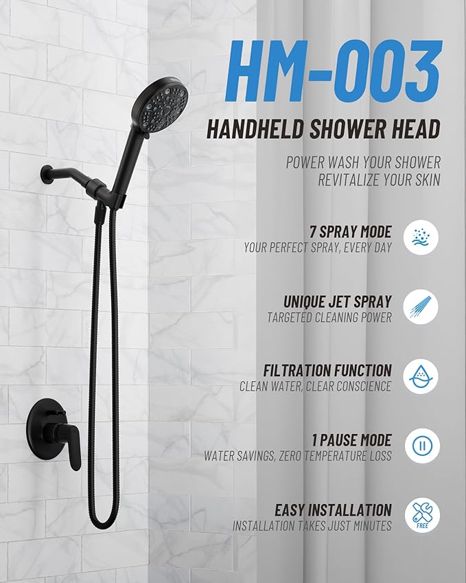 Filtered Handheld Shower Head for Hard Water, High Pressure Showerhead with 7 Spray Modes, Power Jet & Pause, Detachable & Adjustable for Healthier Skin & Hair - Matte Black (VMASSTONE HM-003)
